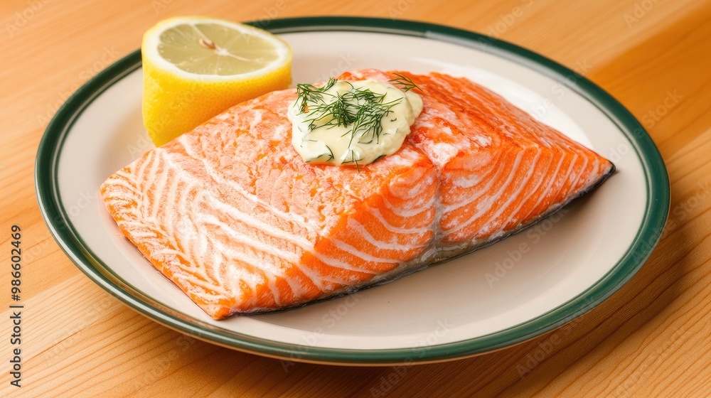A delightful salmon fillet is plated with zesty lemon and rich dill butter, presented on a rustic wooden table. This dish captures the essence of home-cooked comfort food A delightful salmon fillet is plated with zesty lemon and rich dill butter, presented on a rustic wooden table. This dish captures the essence of home-cooked comfort food