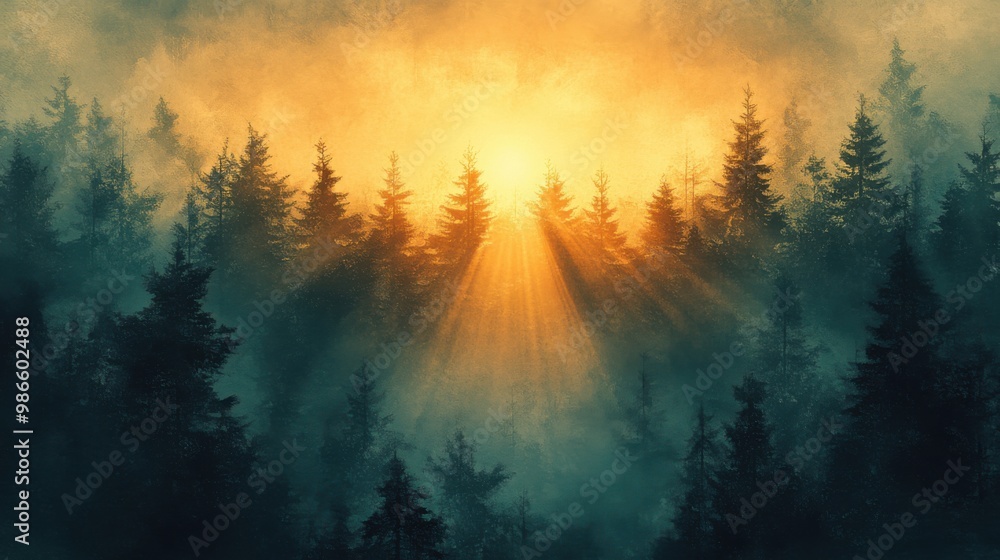 Trees in the foreground with a sun shining through the fog Trees in the foreground with a sun shining through the fog