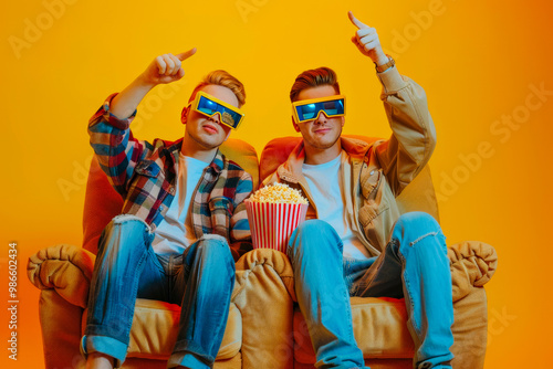 Full body young couple two friends men wearing casual clothes in 3d glasses watch movie film hold bucket of popcorn in cinema sit in bag chair point finger camera on you isolated on yellow background