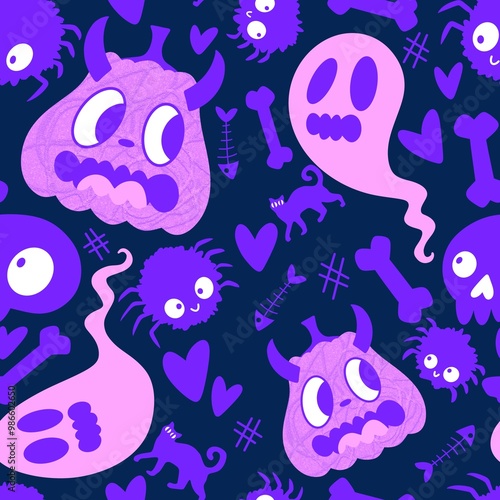 Halloween cute pumpkins seamless monsters pattern for wrapping paper and fabric