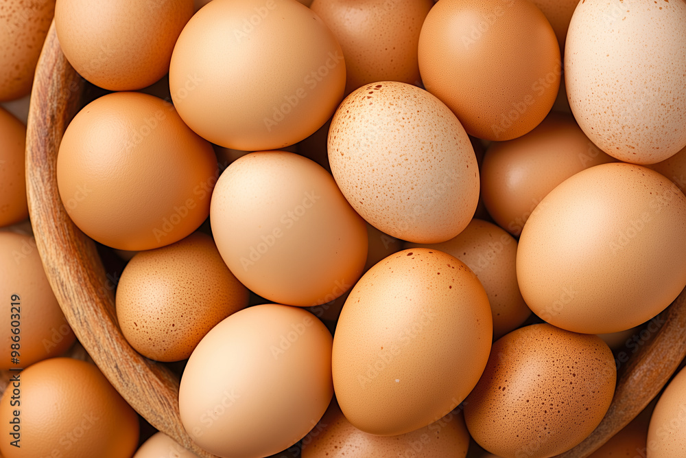 Fresh farm eggs in a wooden bowl displayed on a rustic tabletop in natural morning light Fresh farm eggs in a wooden bowl displayed on a rustic tabletop in natural morning light