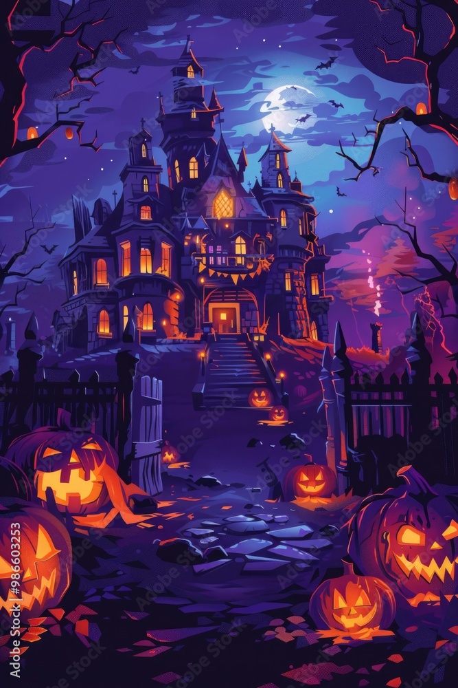 A spooky castle with pumpkins in front, perfect for Halloween or fall-themed designs A spooky castle with pumpkins in front, perfect for Halloween or fall-themed designs
