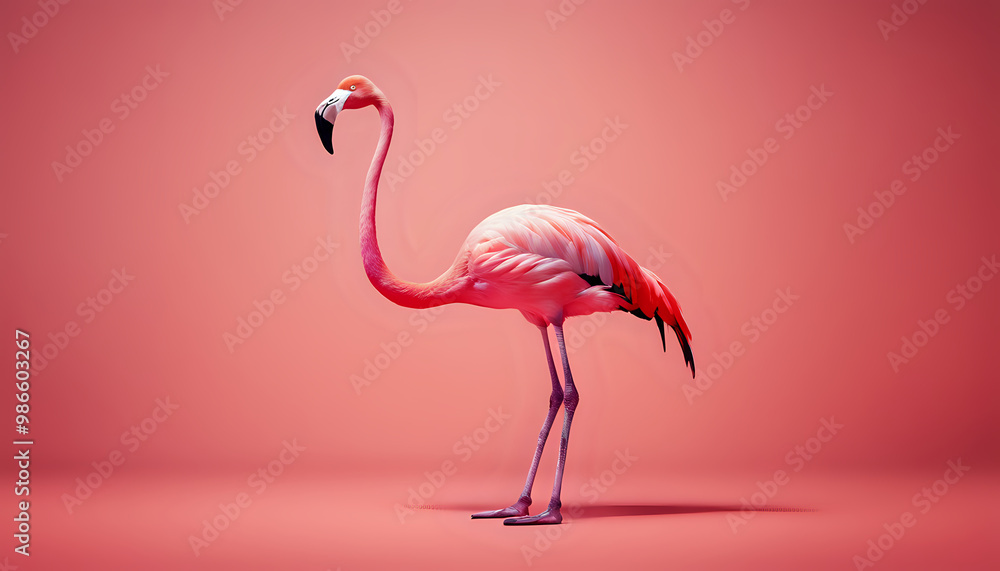 Fototapeta premium Pink flamingo standing in ground with a pink background, showcasing its long neck, vibrant feathers, and exotic beauty