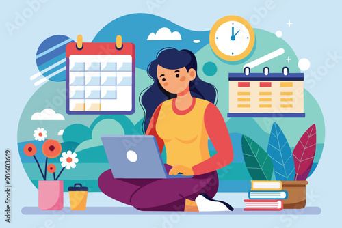 The woman is sitting on the floor, organizing her day off using a laptop and calendar while surrounded by flowers, A woman is planning her day off.