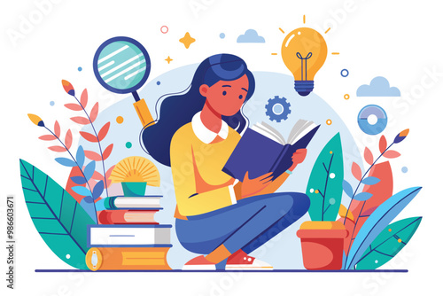 A woman is engaged in reading, surrounded by books and symbols of learning in a peaceful setting, A woman is reading and searching for new knowledge in a flat illustration.