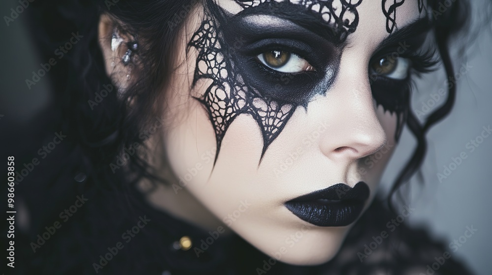 A Gothic-inspired Halloween makeup tutorial, featuring dark lipstick, smoky eyes, and intricate face paint designs, perfect for completing a spooky look. A Gothic-inspired Halloween makeup tutorial, featuring dark lipstick, smoky eyes, and intricate face paint designs, perfect for completing a spooky look.