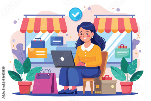 A woman enjoys online shopping at a store, surrounded by colorful bags and plants during the day, A woman is shopping online at a store.