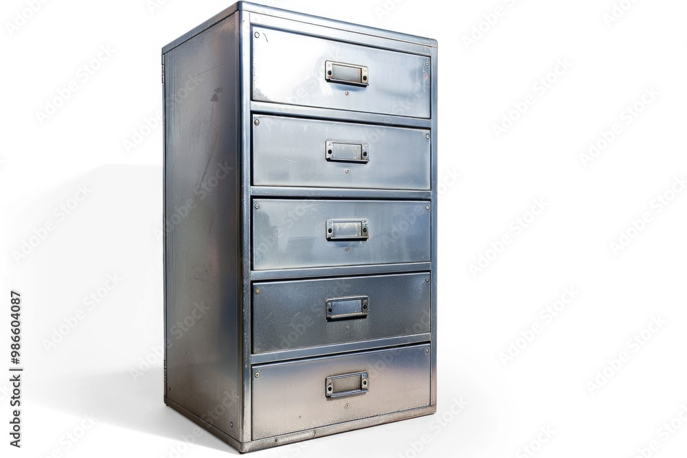 A metal filing cabinet with five drawers used for storing documents and papers, great for office or home use A metal filing cabinet with five drawers used for storing documents and papers, great for office or home use