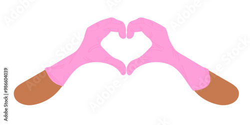 Doctor's hands with pink latex gloves showing heart sign. Two hands making heart sign Isolated on white background, vector illustration flat style. Symbol health, good news. Heart-shaped two hands