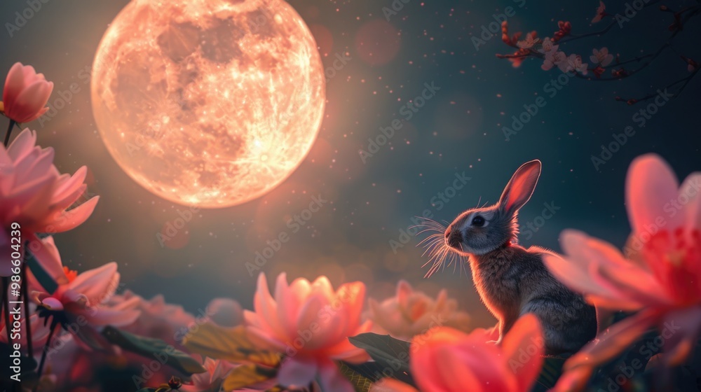 A rabbit sits in a field of flowers under the light of a full moon A rabbit sits in a field of flowers under the light of a full moon