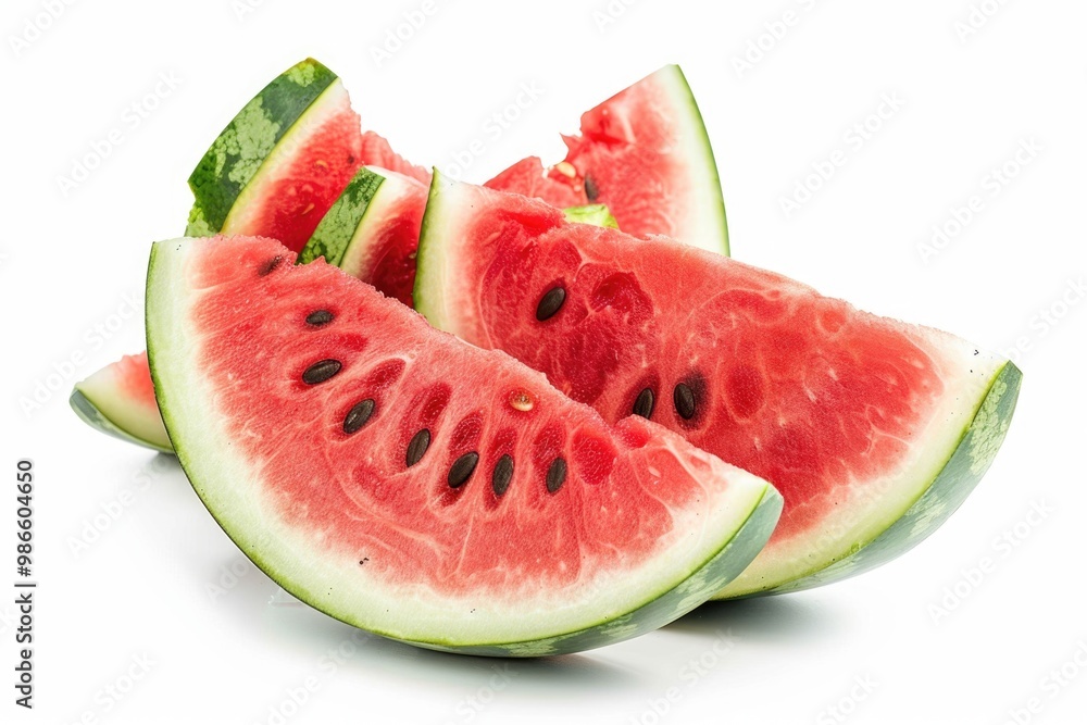 Fresh watermelon slices arranged on a clean white surface, ready for use or decoration Fresh watermelon slices arranged on a clean white surface, ready for use or decoration