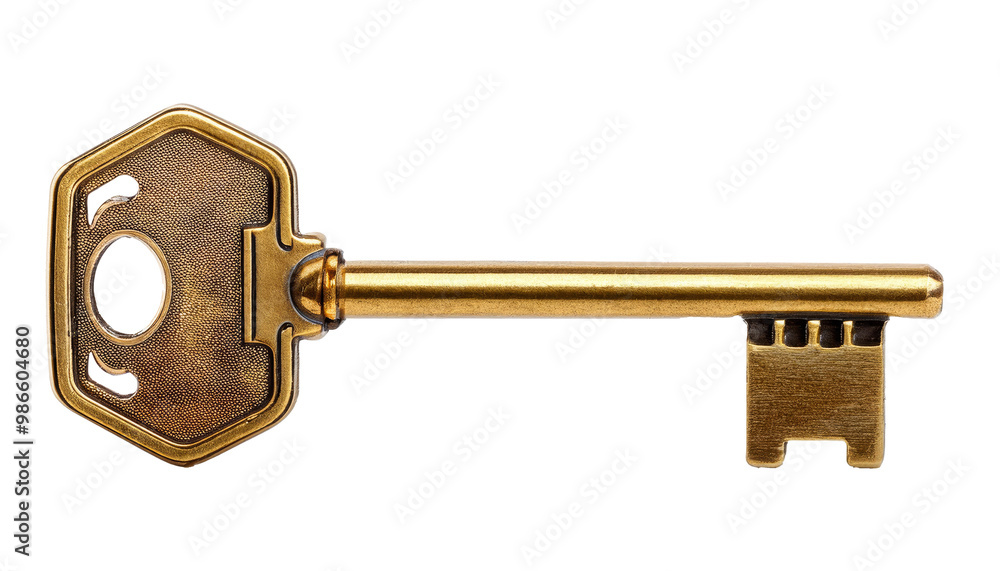 An old golden house key isolated against a white background, showcasing its vintage design and intricate details An old golden house key isolated against a white background, showcasing its vintage design and intricate details