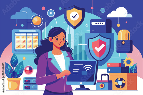 A woman focuses on her computer, ensuring the security system is running smoothly in her workspace, A woman maintaining security system, focusing on data protection.