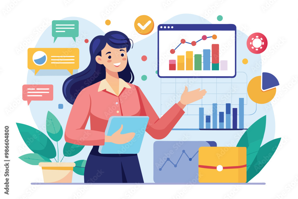 A woman explains data insights and deadlines while using a tablet in a contemporary workspace, A woman presents statistics, deadlines, and flat illustrations. A woman explains data insights and deadlines while using a tablet in a contemporary workspace, A woman presents statistics, deadlines, and flat illustrations.
