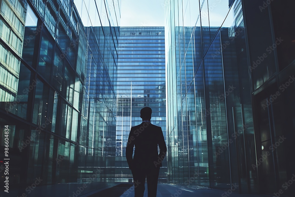 Fototapeta premium Businessman looking at modern office buildings with glass facade, future, success and ambition concept