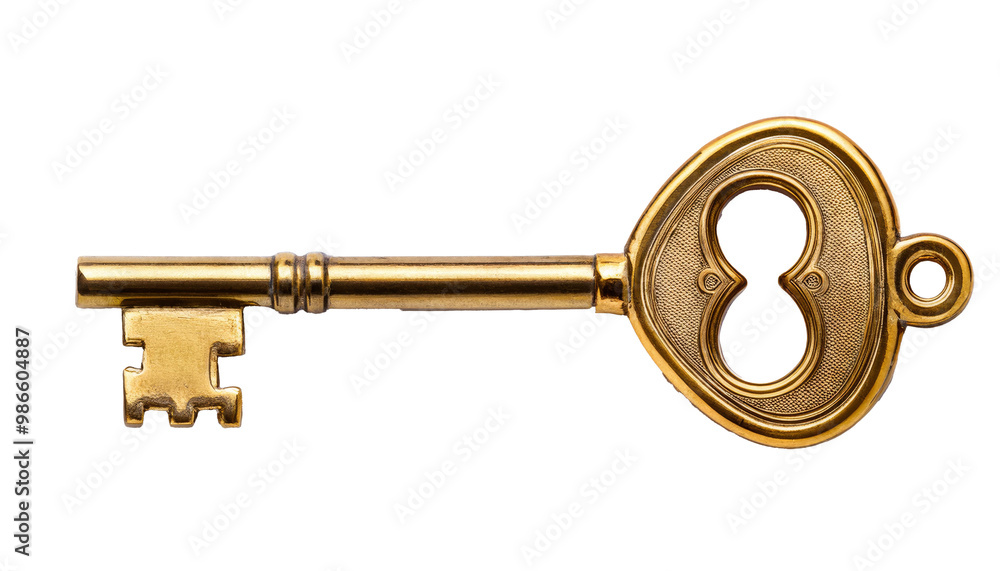 An old golden house key isolated against a white background, showcasing its vintage design and intricate details An old golden house key isolated against a white background, showcasing its vintage design and intricate details