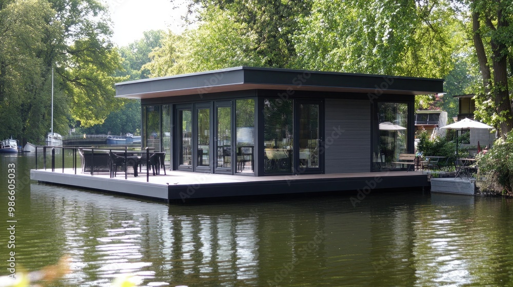 A sleek black cabin features expansive windows that frame the tranquil lake and surrounding trees, creating a perfect backdrop in a minimalist design A sleek black cabin features expansive windows that frame the tranquil lake and surrounding trees, creating a perfect backdrop in a minimalist design