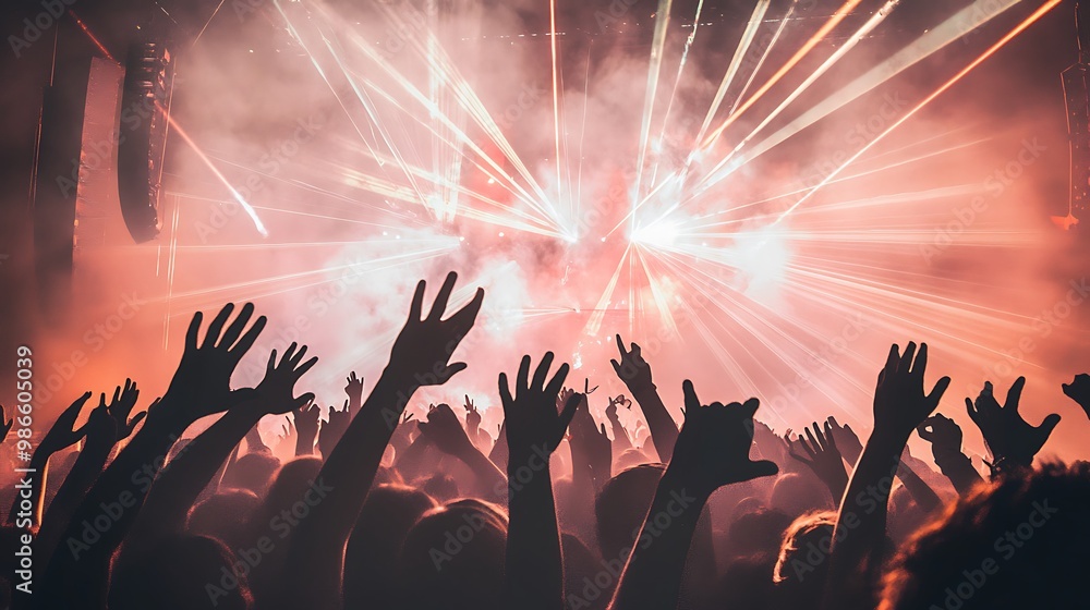 Silhouettes of a crowd with raised hands at a concert with bright stage lights. Silhouettes of a crowd with raised hands at a concert with bright stage lights.