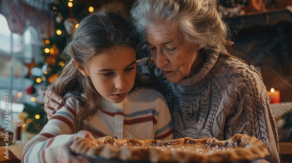 A heartwarming scene of intergenerational connection, featuring an older woman and a young girl admiring a freshly baked pie A heartwarming scene of intergenerational connection, featuring an older woman and a young girl admiring a freshly baked pie