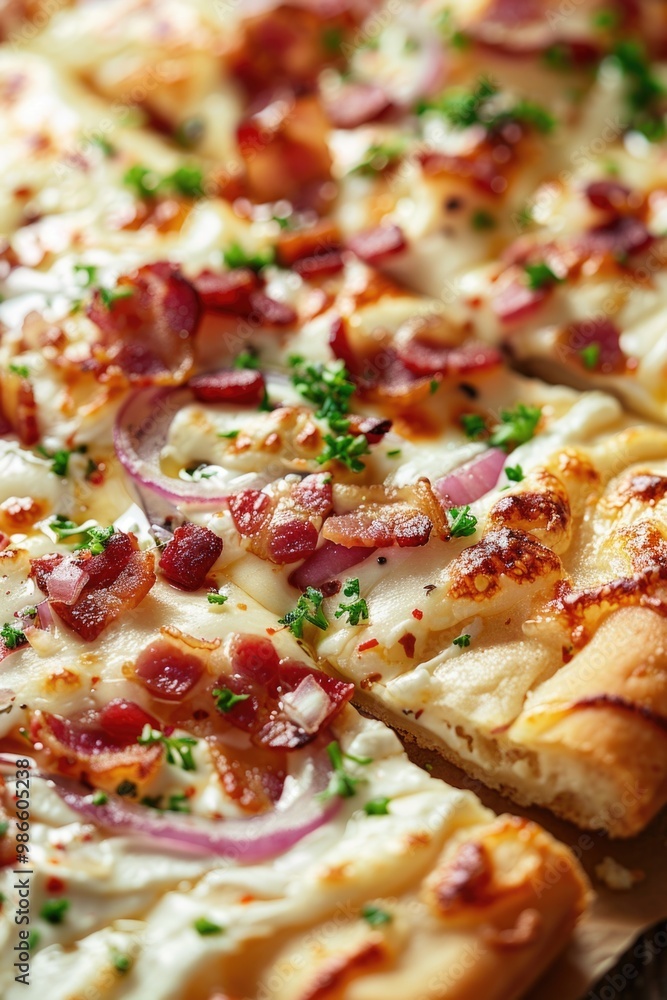 A close-up shot of a delicious-looking pizza topped with melted cheese and crispy bacon A close-up shot of a delicious-looking pizza topped with melted cheese and crispy bacon