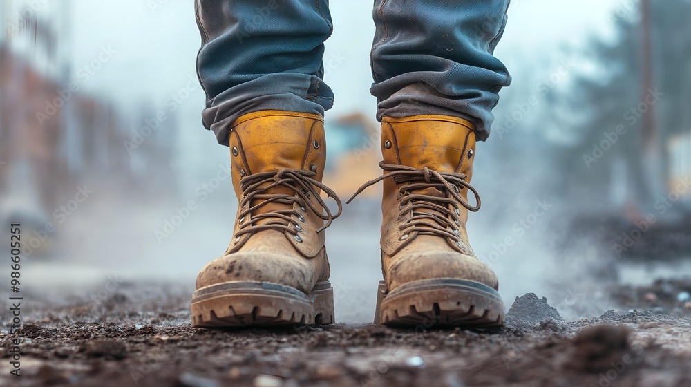 Worker's Safety Boots on Construction Site Worker's Safety Boots on Construction Site