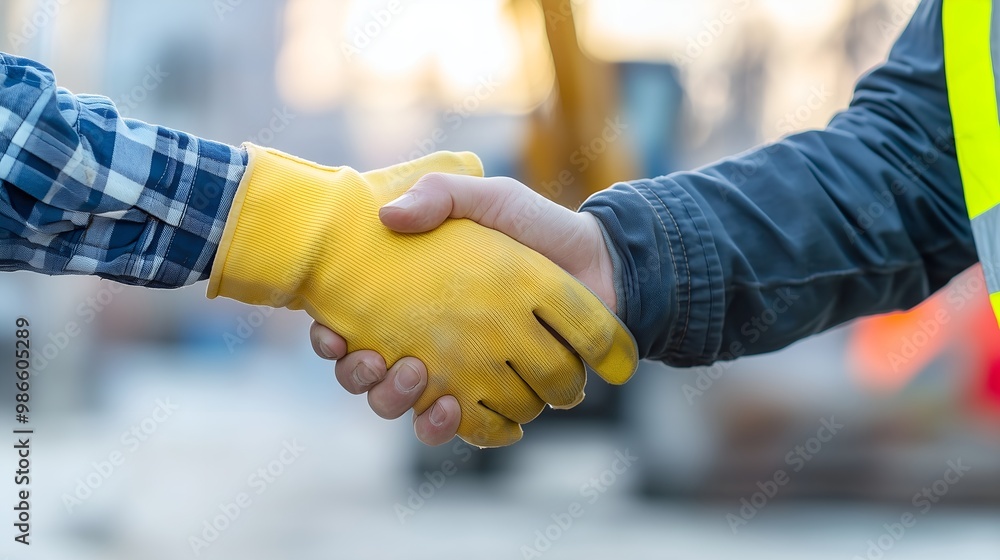Fototapeta premium Construction Workers Handshake with Safety Gloves
