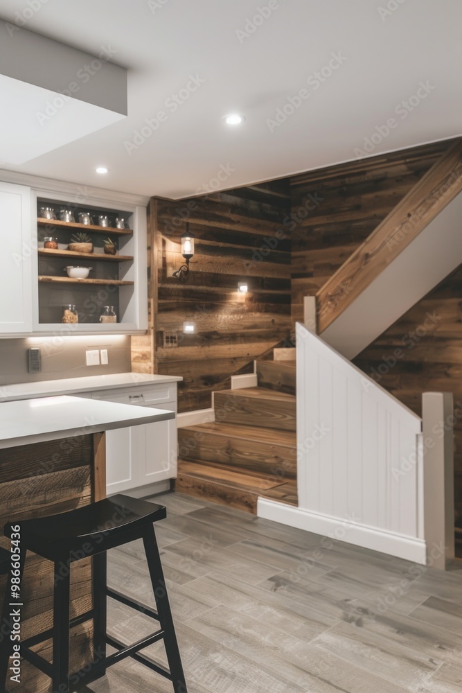 A modern kitchen with a built-in bar and a wooden staircase leading upstairs A modern kitchen with a built-in bar and a wooden staircase leading upstairs