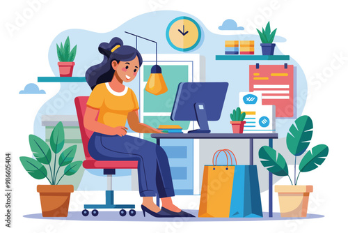 A woman sits at her desk at home, using a computer to shop online while surrounded by houseplants, A woman shops online from her home using a computer.