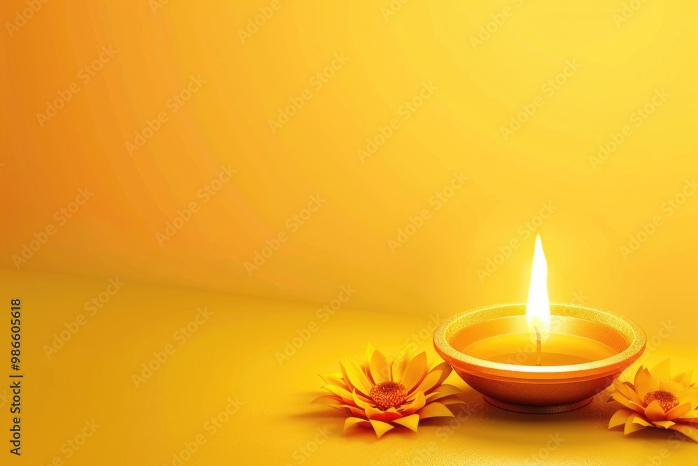 A lit candle placed among flowers on a bright yellow background A lit candle placed among flowers on a bright yellow background
