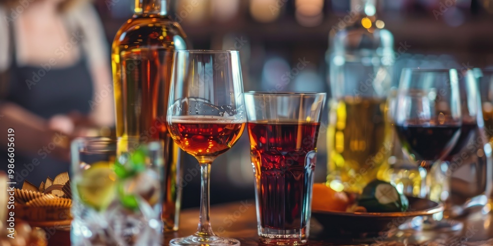 Bartender offering a variety of alcoholic drinks at the bar, with patrons savoring beverages such as wine, beer, and whiskey. Bartender offering a variety of alcoholic drinks at the bar, with patrons savoring beverages such as wine, beer, and whiskey.