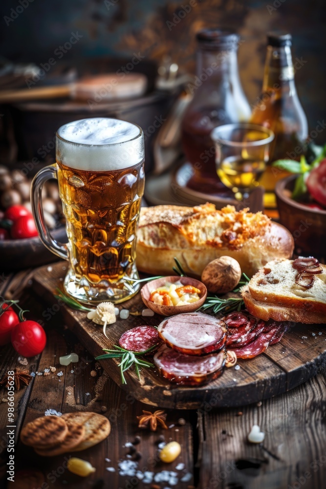 A wooden table set with bread and a glass of beer, perfect for casual gatherings or picnics A wooden table set with bread and a glass of beer, perfect for casual gatherings or picnics