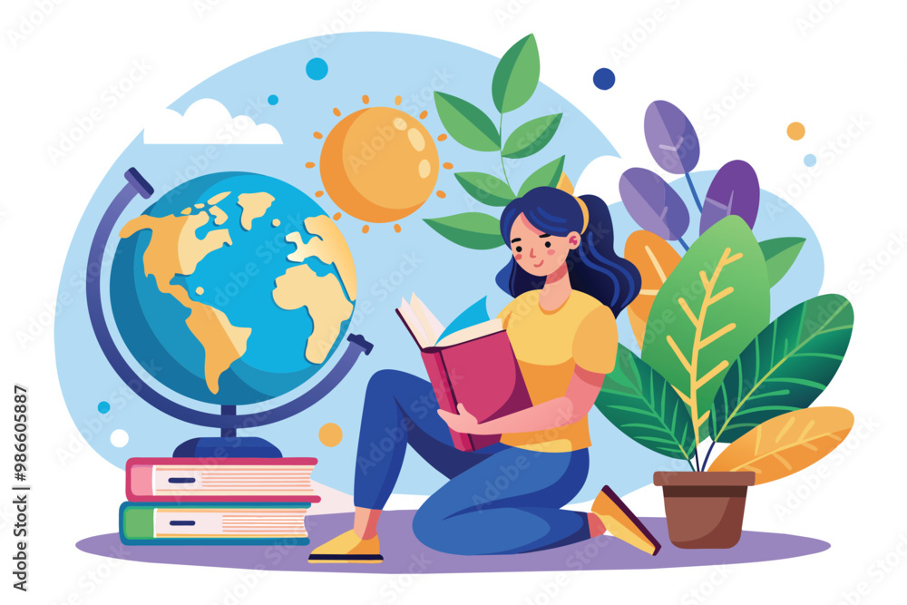 A woman sits on the floor with her knees bent, reading a book beside a colorful globe and plants, A woman sitting on books, a globe, and a book of knowledge in a flat illustration.