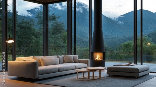 This inviting Scandinavian living room showcases a stone fireplace and expansive windows framing stunning mountain views  creating a warm and moody atmosphere.