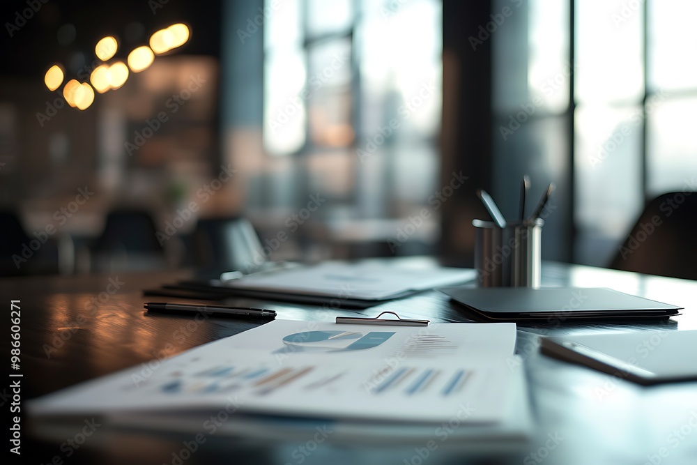 Closeup of a business desk with paperwork and charts, showing a busy workday concept. Closeup of a business desk with paperwork and charts, showing a busy workday concept.
