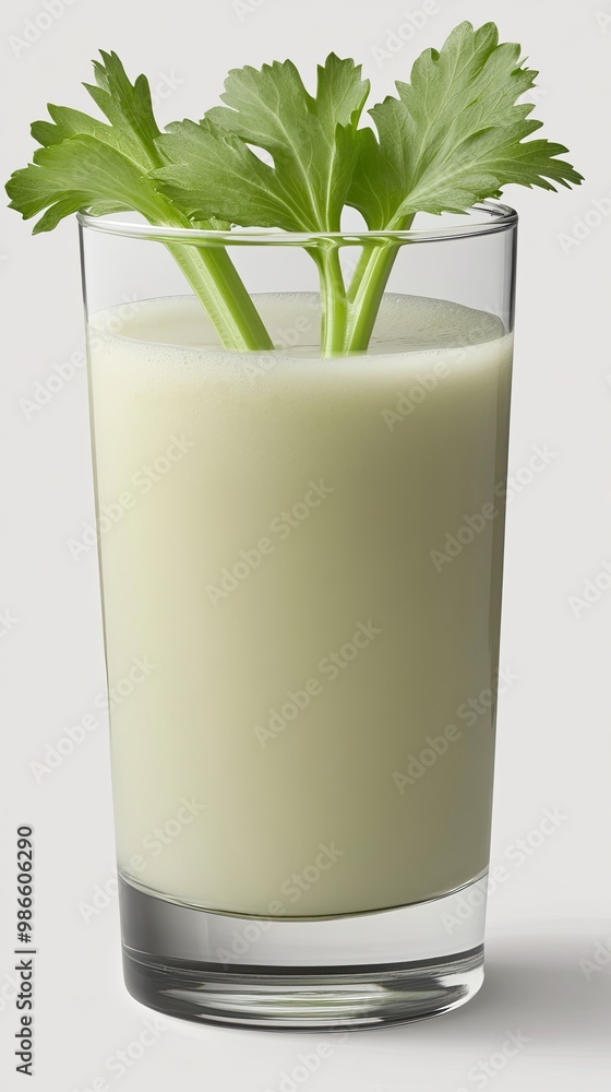 A glass filled with vibrant celery juice is prominently displayed next to fresh green celery stalks against a light gray backdrop, emphasizing its refreshing nature. A glass filled with vibrant celery juice is prominently displayed next to fresh green celery stalks against a light gray backdrop, emphasizing its refreshing nature.
