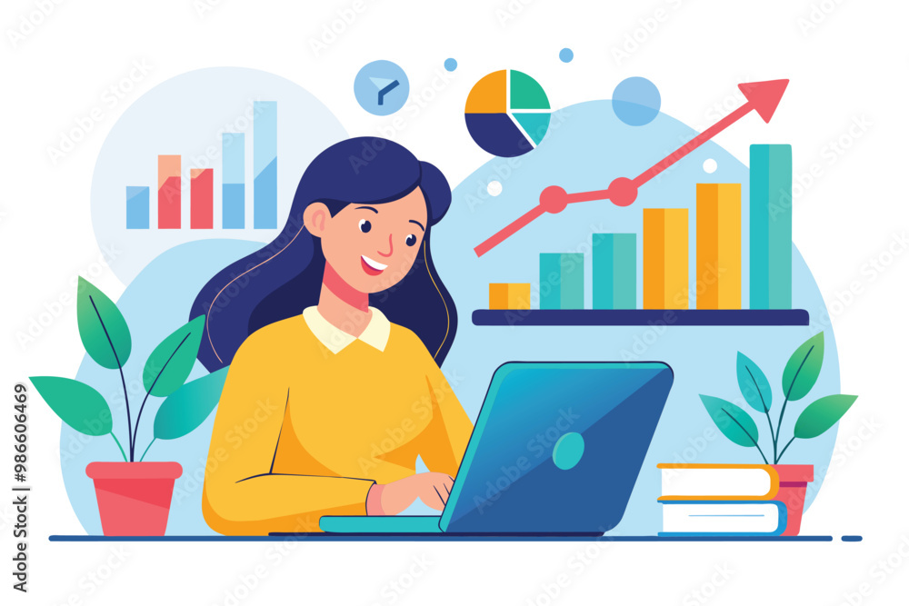 The woman studies growth data on her laptop while surrounded by charts and plants in a bright setting, A woman studies growth data with a flat illustration. The woman studies growth data on her laptop while surrounded by charts and plants in a bright setting, A woman studies growth data with a flat illustration.