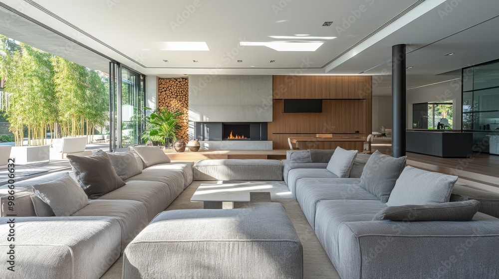 Spacious, modern living room with grey sofas and fireplace Spacious, modern living room with grey sofas and fireplace