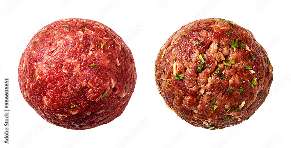 Obraz premium Two meatballs one cooked and one raw seasoned with herbs on a transparent background