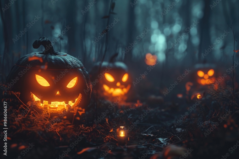 Pumpkins carved with faces lit up at night, surrounded by trees and foliage Pumpkins carved with faces lit up at night, surrounded by trees and foliage