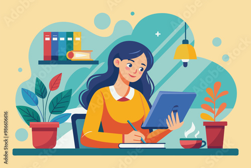 A woman focuses on her studies with a tablet in hand, surrounded by plants and a warm beverage, A woman studying with a glass in a flat illustration.