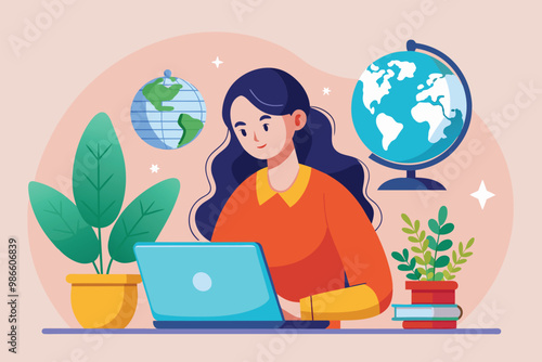 A woman is focused on her laptop while surrounded by plants and a globe in her workspace, A woman using a laptop and globe, flat illustration.