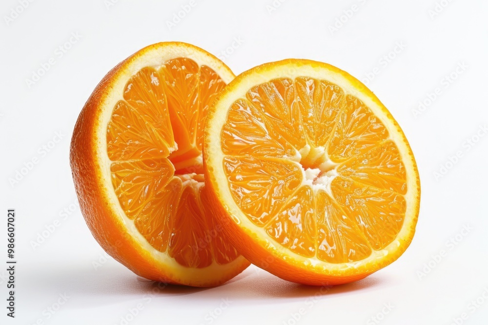 A single orange cut in half lying on a white surface, ideal for use in food photography or as a prop for still life compositions A single orange cut in half lying on a white surface, ideal for use in food photography or as a prop for still life compositions