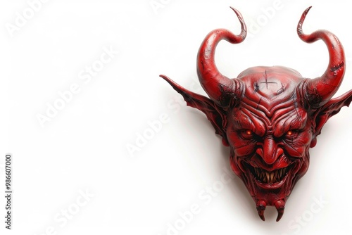 A red devil mask hanging on a wall
