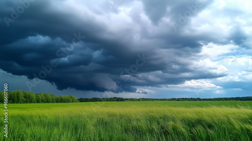 Dark storm clouds over a vibrant green field