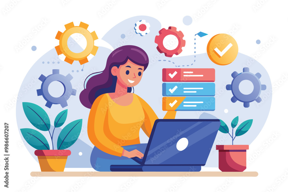 A woman is focused on her laptop, installing a software update while surrounded by plants and gears, A woman using a laptop to install software, update and maintain it. Flat illustration. A woman is focused on her laptop, installing a software update while surrounded by plants and gears, A woman using a laptop to install software, update and maintain it. Flat illustration.