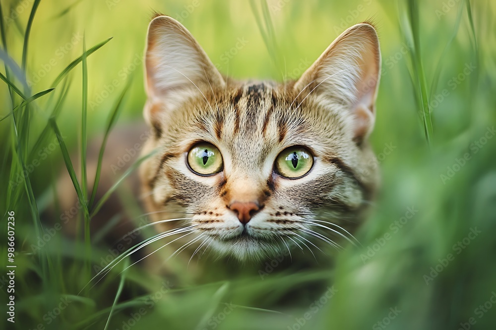 Tabby cat with green eyes hiding in the grass Tabby cat with green eyes hiding in the grass