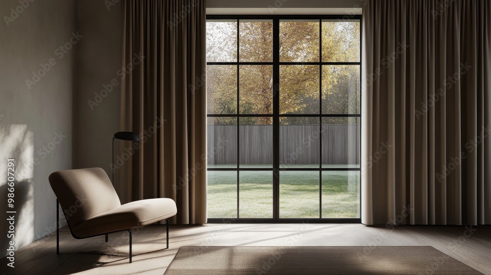 Fototapeta premium The inviting space showcases light gray walls, wooden flooring, and warm brown decor, creating a tranquil ambiance with filtered soft light illuminating the room