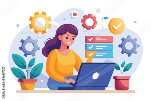 A woman is focused on her laptop, installing a software update while surrounded by plants and gears, A woman using a laptop to install software, update and maintain it. Flat illustration.
