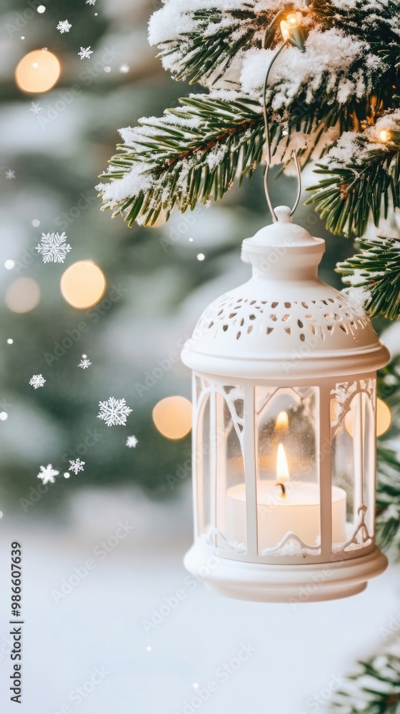 A beautifully crafted lantern illuminates the snowy boughs of a Christmas tree, casting a warm glow as delicate snowflakes drift down, creating a peaceful winter atmosphere A beautifully crafted lantern illuminates the snowy boughs of a Christmas tree, casting a warm glow as delicate snowflakes drift down, creating a peaceful winter atmosphere