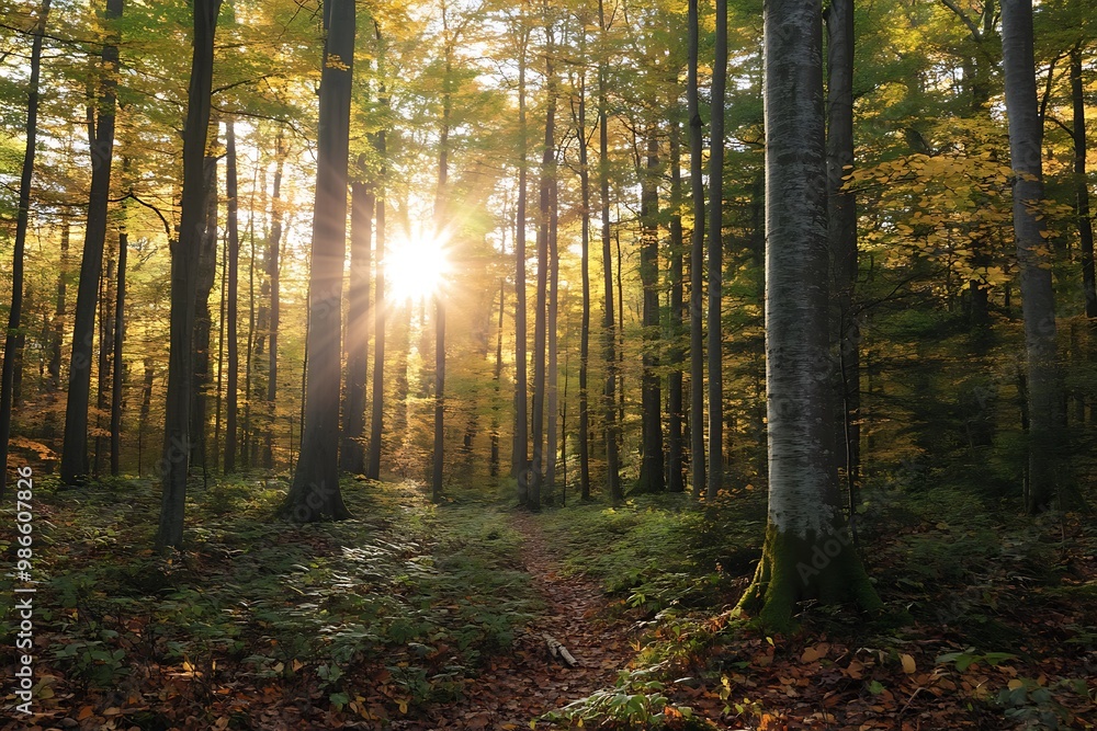 Obraz premium Sun shining through trees in a forest with a pathway